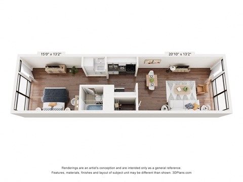 a stylized floor plan with a bedroom and a living room